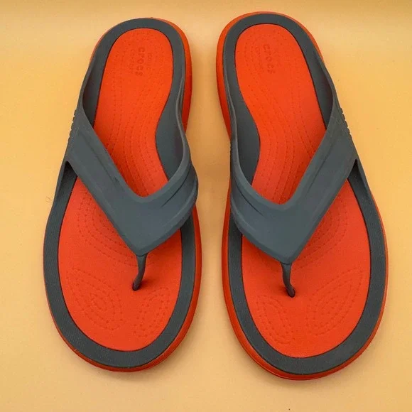 Crocs Mens Size‎ 12 Flip Flops Thong Sandals Orange Gray Comfort - Picture 4 of 10